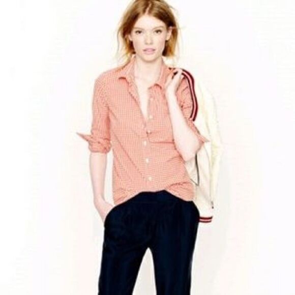 {J. Crew} Perfect Shirt in Microgingham Orange & White Plaid Button Down Top 2 - Picture 1 of 3